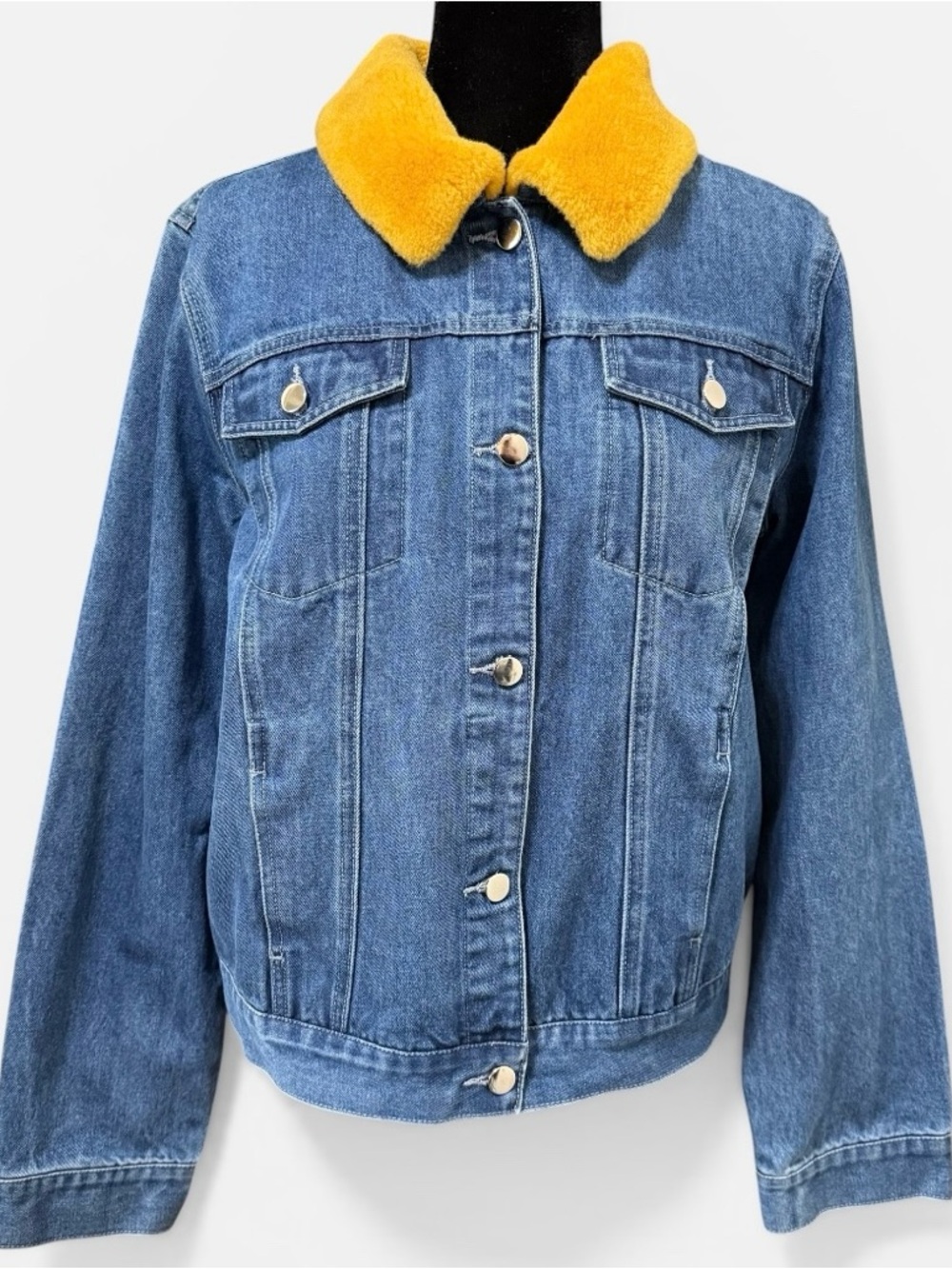 Samantha Sipos Denim Jacket Faux Shearling Collar BABE Patch Back Size 2XL - Picture 2 of 8